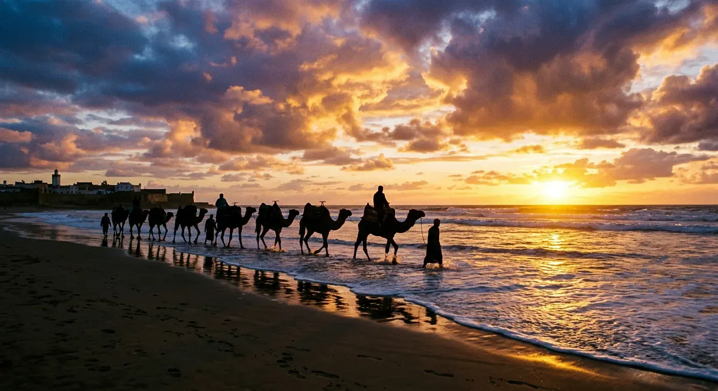 Camel ride along Taghazout beach at sunset